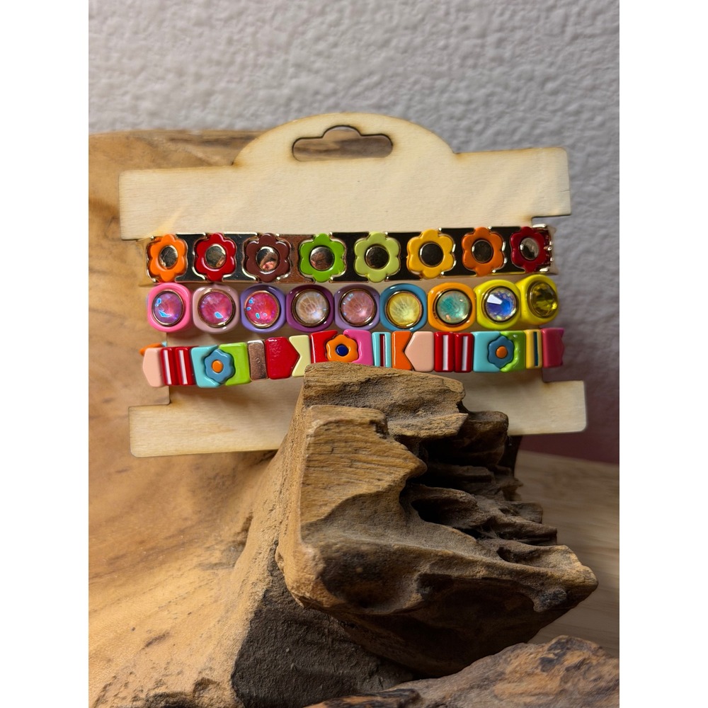 Multicolor Enamel Flower Crystal Geometric Stretch Bracelet Set 3pc Kidcore Y2K
